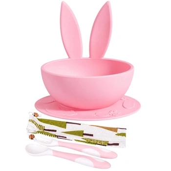 Silikonowy zestaw miska z łyżeczką i widelcem Brunoko Baby Weaning Tableware dziecięcy różowy
